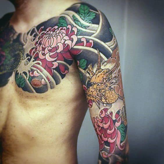 Cool Mens Japanese Chrysanthemum Chest And Half Sleeve Tattoo