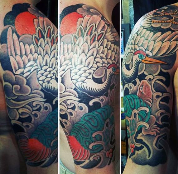 Cool Mens Japanese Crane Half Sleeve Tattoo