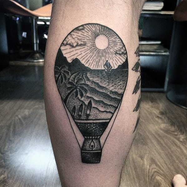 Cool Mens Leg Calf Tattoo Of Hot Air Ballon With Sun Rising