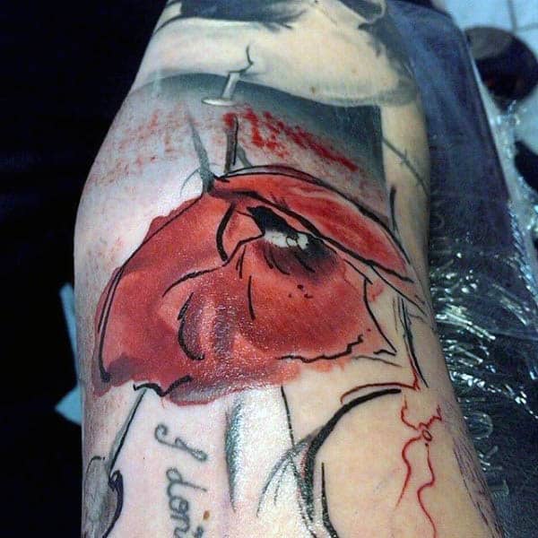 Cool Mens Leg Tattoo Of Watercolor Poppy