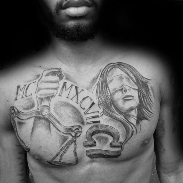 Cool Mens Libra Themed Chest Tattoo With Shaded Black And Grey Designs