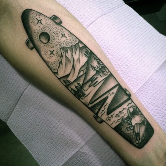 Cool Mens Nature Scene Inside Skateboard Tattoo On Forearm