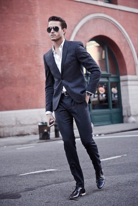 Cool Mens Navy Blue Suit Black Shoes Style With No Tie