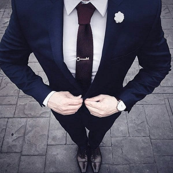 Cool Mens Navy Blue Suit Brown Shoes Style With Tie Bar And White Lapel Flower