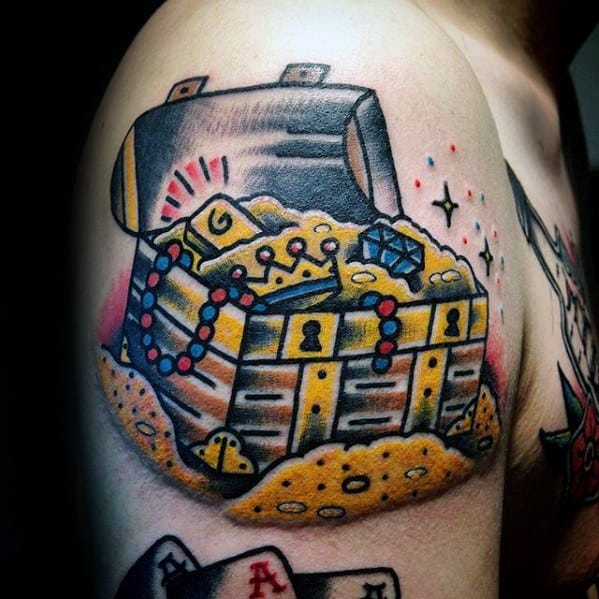 Cool Mens Old School Shoulder Treasure Chest Tattoo Designs