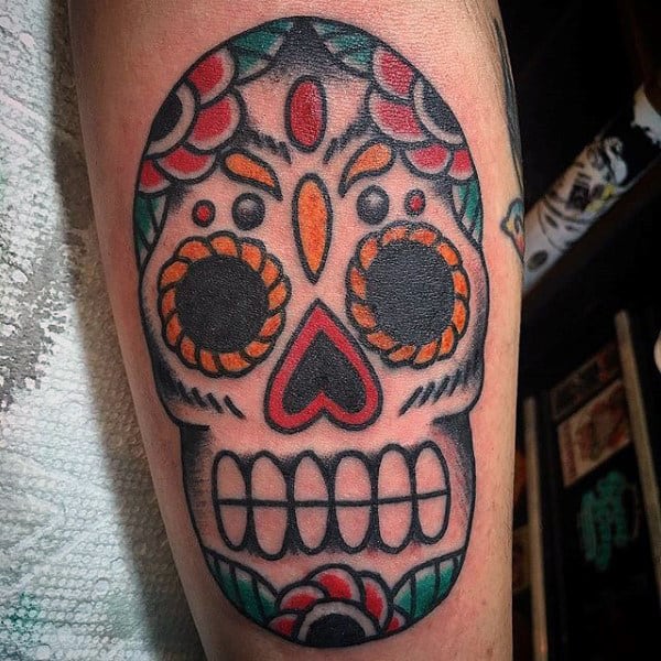 Cool Mens Old School Sugar Skull Tattoo Design