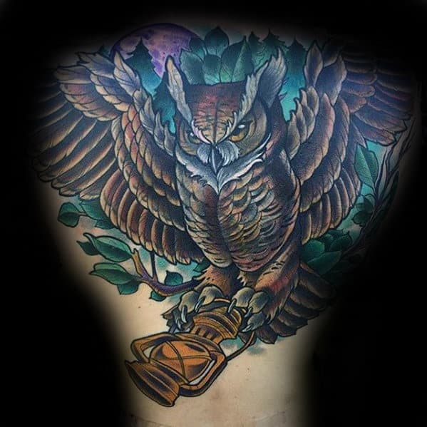 Cool Mens Owl Flying With Lantern Back Tattoo