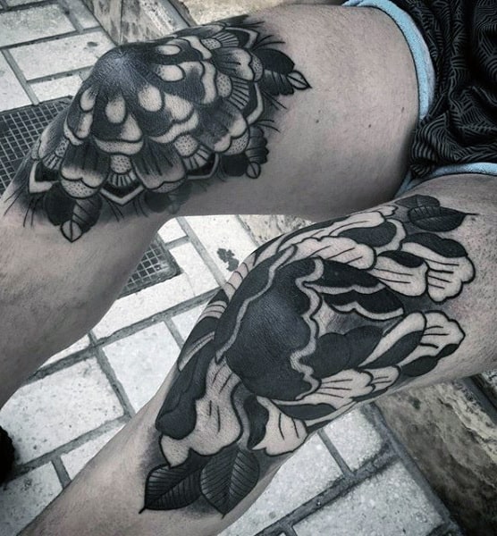 Cool Mens Peony Knee Tattoos