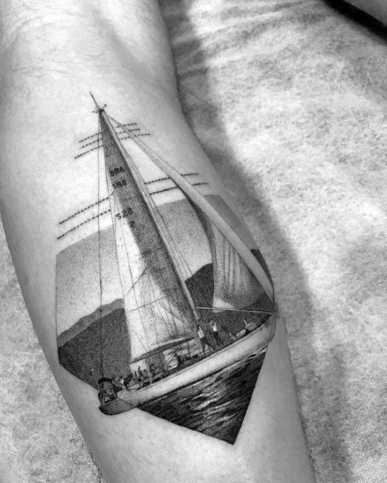 Cool Mens Realistic Small Detailed Shaded Sailboat Leg Calf Tattoo