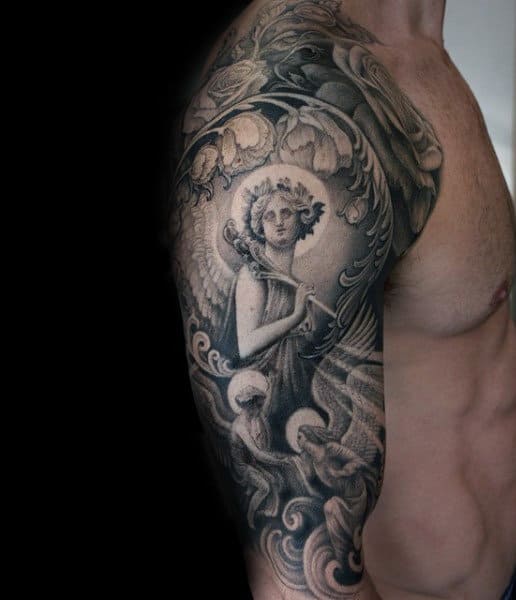 Cool Mens Shaded Black And Grey Angel Original Half Sleeve Tattoos