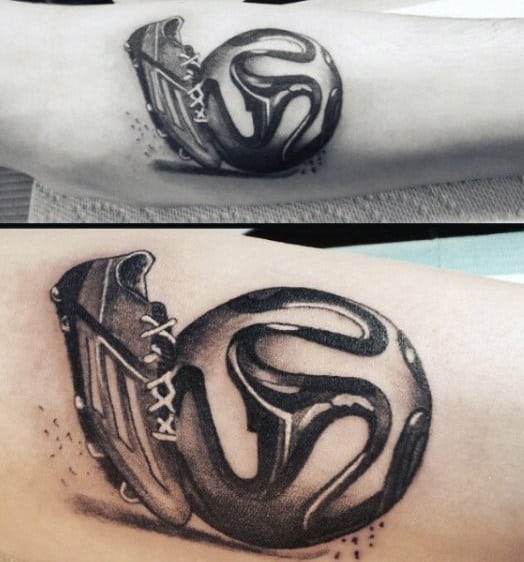 Cool Mens Shoe Kicking Soccerball Forearm Tattoo Ideas