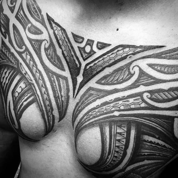 Cool Mens Sick Polynesian Tribal Upper Chest Tattoo