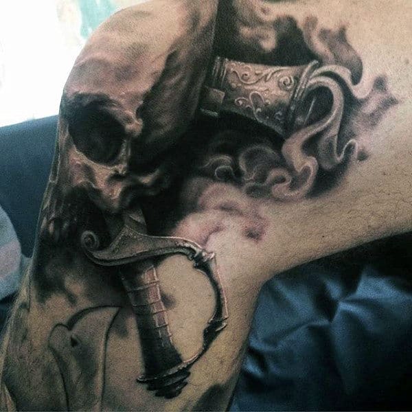 Cool Men's Skull Sword Smoke Tattoo