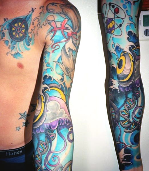 Cool Mens Sleeve Science Tattoo In Full Color