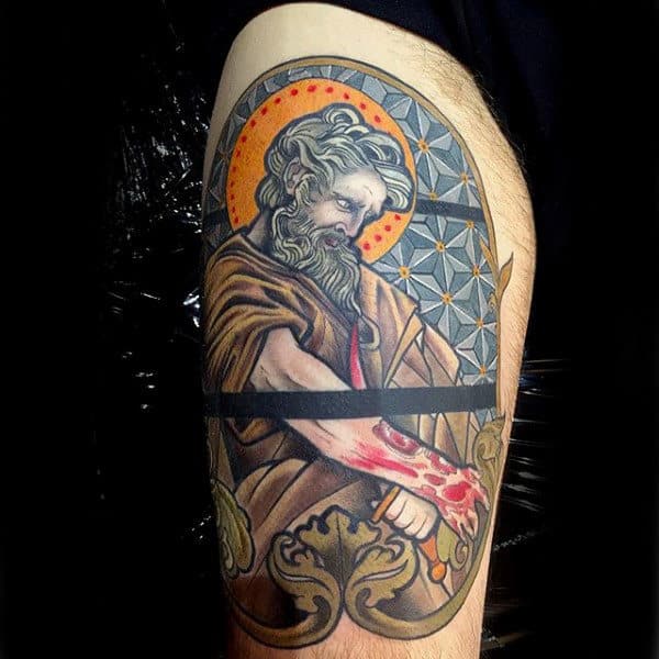 Cool Mens Stained Glass Thigh Tattoo Design