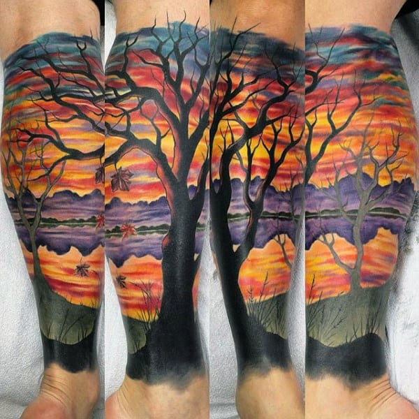 Cool Mens Sunset Sky Modern Leg Sleeve Tattoo
