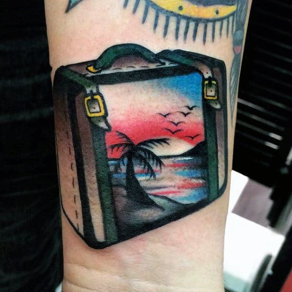 Cool Mens Tattoo Travel Small Wrist Design Of Suitcase With Palm Tree And Ocean Sunset