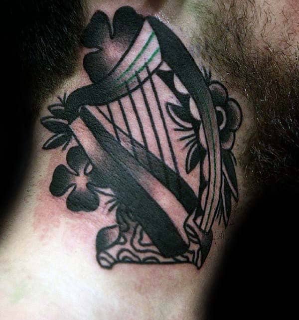 Cool Mens Traditional Irish Harp Tattoo Design On Neck