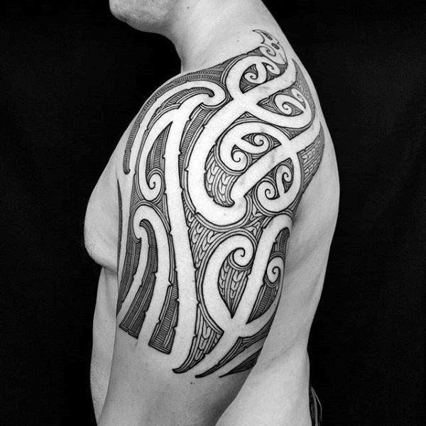 Cool Mens Tribal Shoulder And Arm Negative Space Ornate Tattoo Design