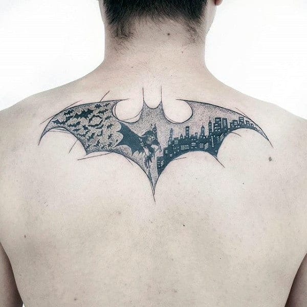 Cool Mens Upper Back Batman Symbol Tattoo Inspiration