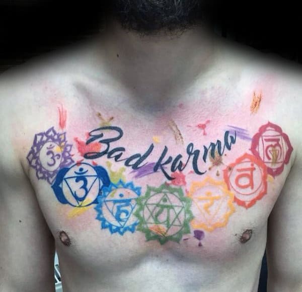 Cool Mens Watercolor Chakras Bad Karma Chest Tattoo