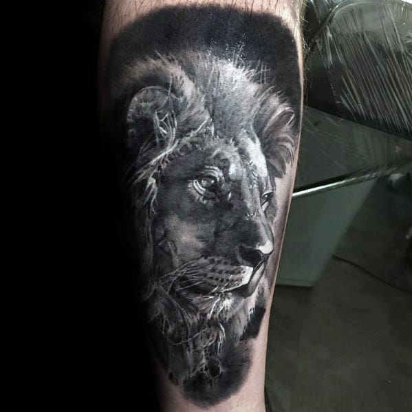 Cool Mens White And Grey Ink Realistic Lion Tattoos On Forearm