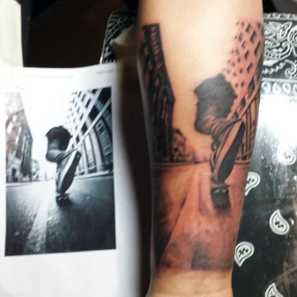 Cool Mens Wrist Tattoo Realistic Skateboard Rider Design