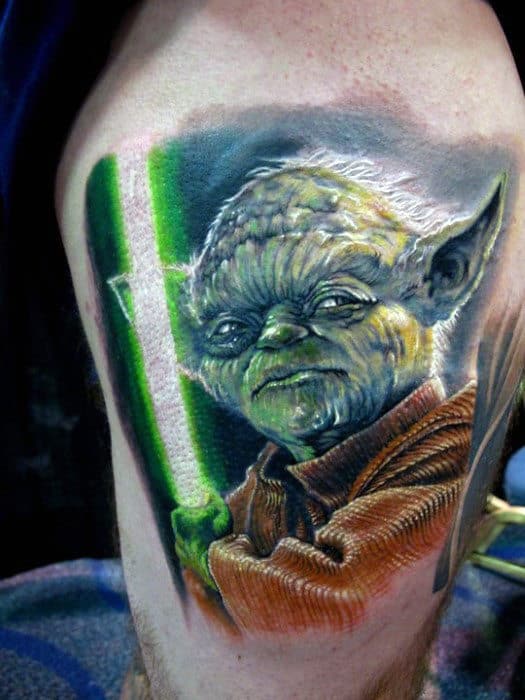 Cool Mens Yoda Thigh Tattoo Ideas