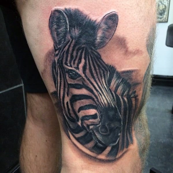 Cool Mens Zebra Tattoo On Thigh