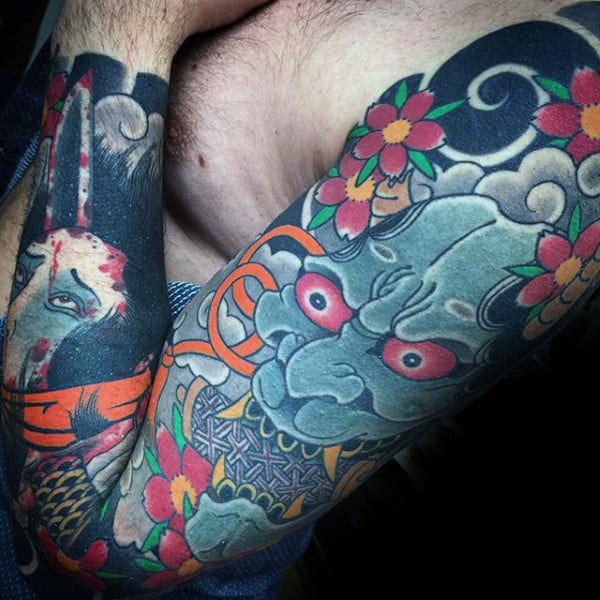 Cool Metallic Eyes Guys Hannya Mask Sleeve Japanese Tattoo