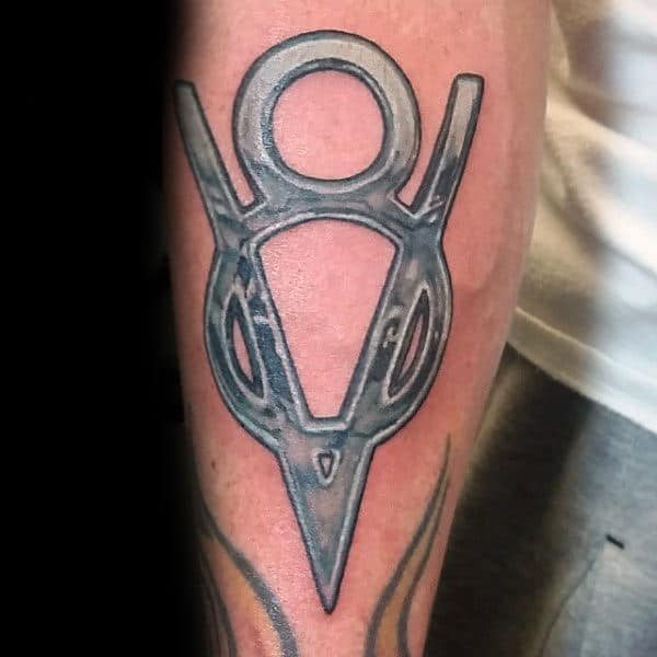 Cool Metallic V8 Tattoos For Men On Inner Forearms