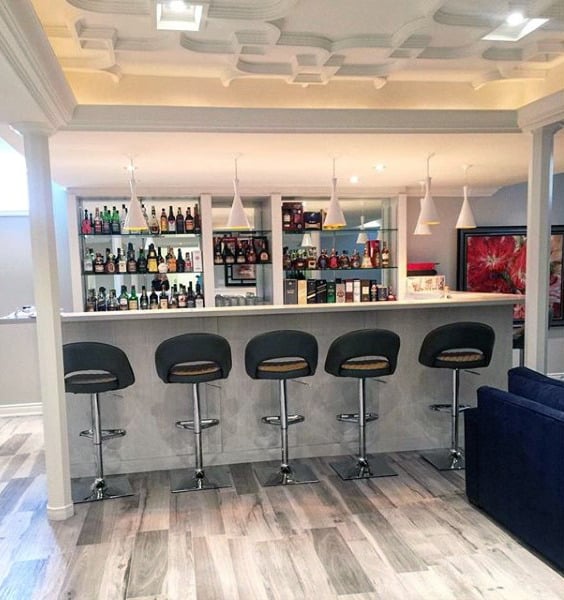 cool modern white home bar gray stools pendant lights 