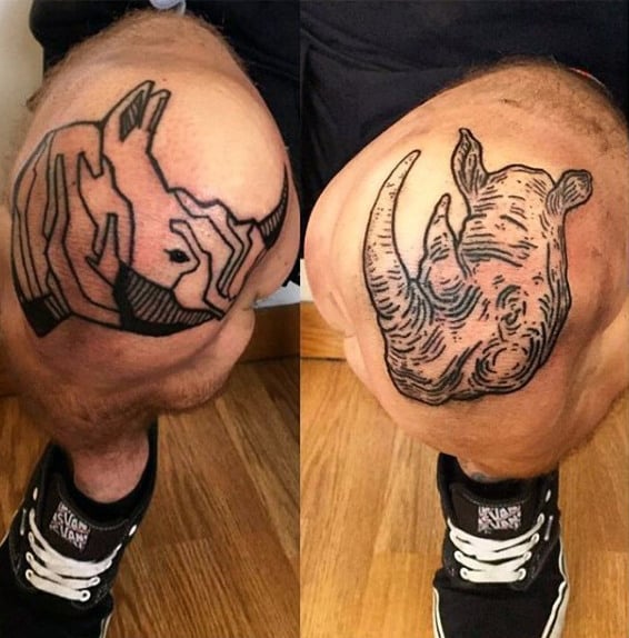 Cool Modern Rhino Mens Knee Tattoos With Black Ink Linework