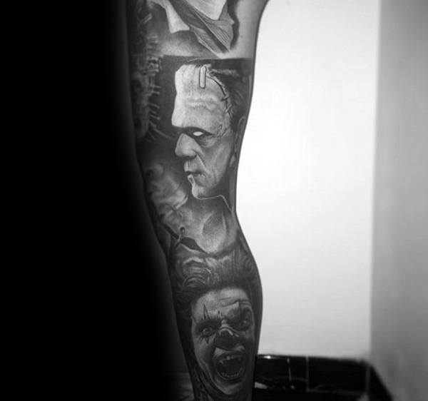 Cool Monster Clown Mens Shaded Black And Grey Ink Full Leg Sleeve Tattoos