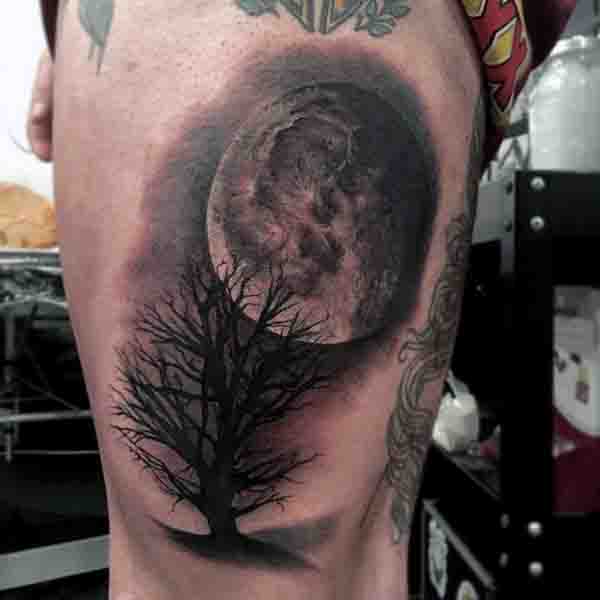 Cool Moon And Tree Mens Tattoos On Thigh
