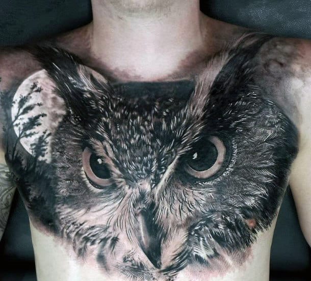 Cool Moon Light Shaded Owl Chest Tattoos For Guys