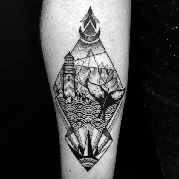 Black ink geometric tattoo featuring a lighthouse, mountains, waves, and a whale tail, blending dotwork and line art for a bold, intricate design.