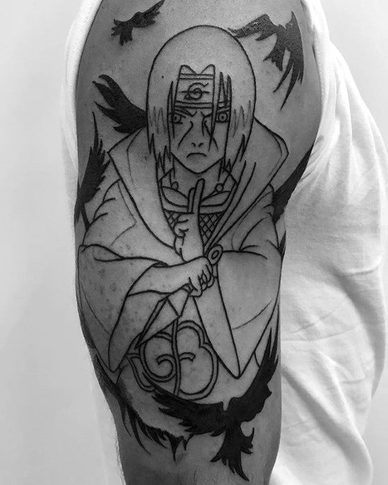 Tattoo of a Naruto character with long hair, wearing a robe, surrounded by birds in black ink on an upper arm