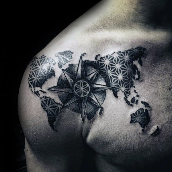 Cool Nautical Star Geometric World Atlas Mens Upper Shoulder Tattoo