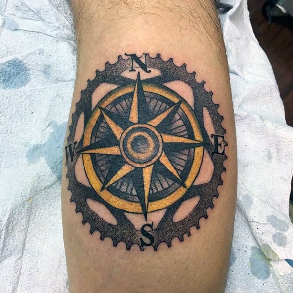 Cool Nautical Star Male Sprocket Leg Calf Tattoo