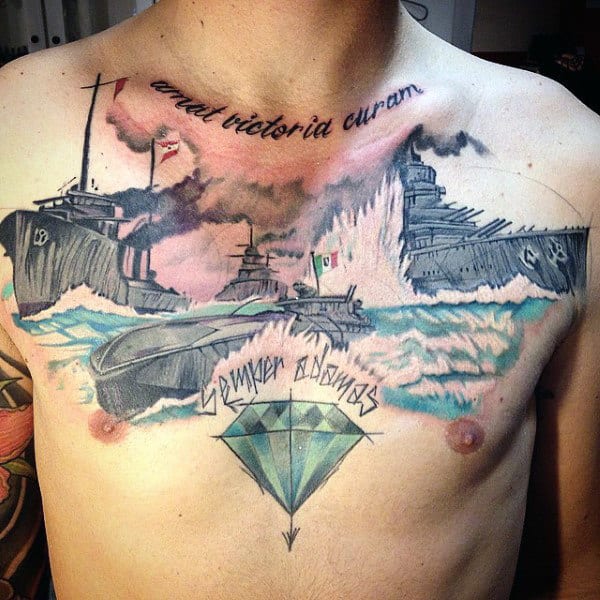 Cool Navy Submarine Guys Watercolor Chest Tattoos