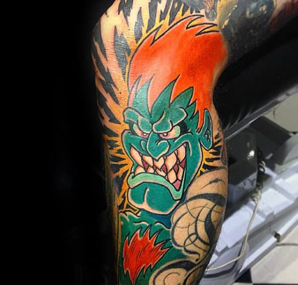 Cool Negative Space Street Fighter Mens Leg Sleeve Tattoos