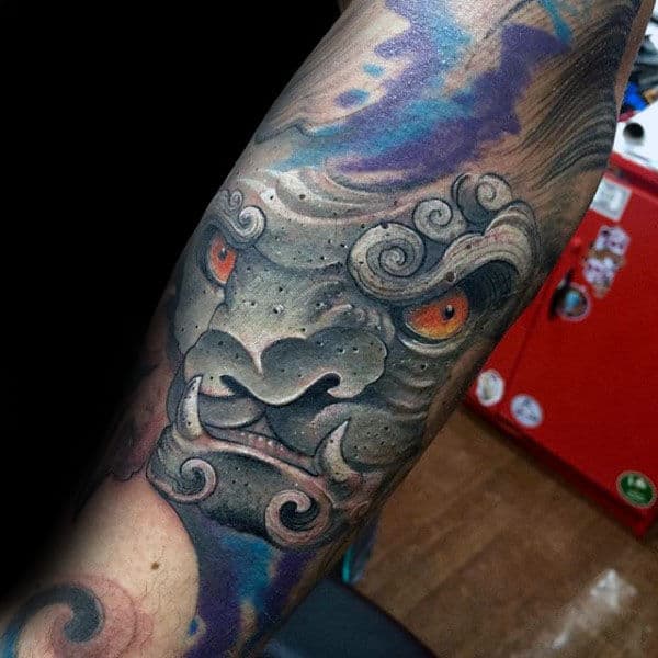 Cool New School Mens Fu Dog Forearm Tattoos