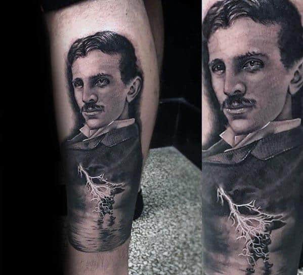 Realistic Nikola Tesla tattoo with intense gaze, suit detail, and lightning bolts striking from his chest area.