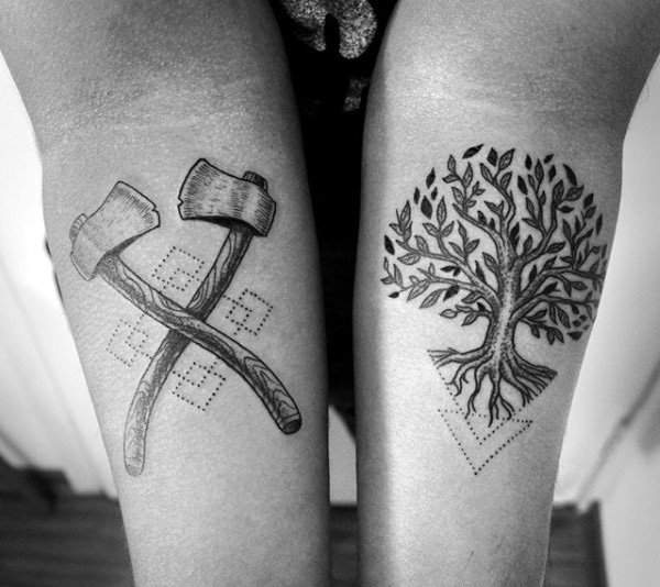 Cool Oak Tree And Spade Tattoo On Forearms Men