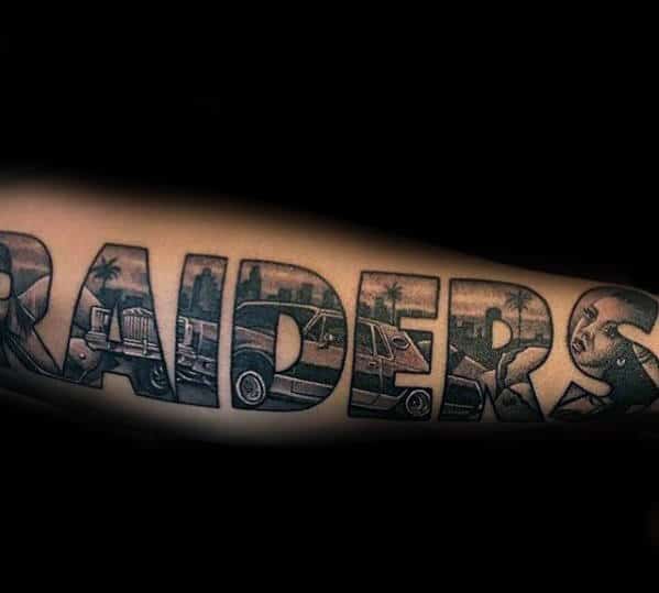 Cool Oakland Raiders Lettering Mens Chicano Outer Forearm Tattoos