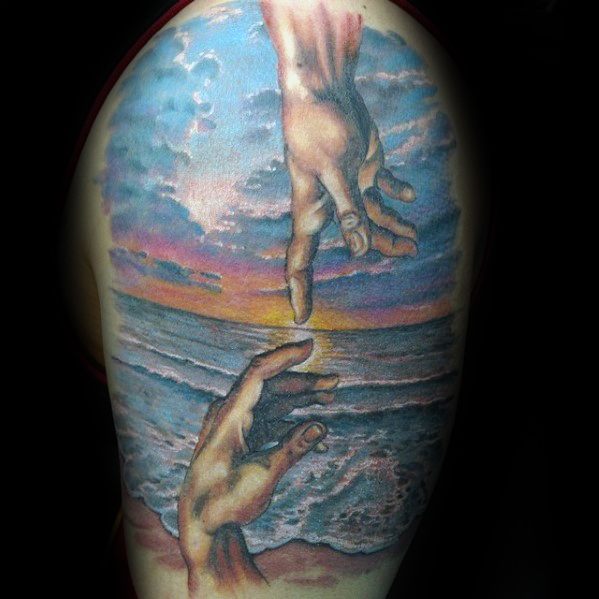 Cool Ocean Beach With The Creation Of Adam Half Sleeve Tattoo Design Ideas For Male
