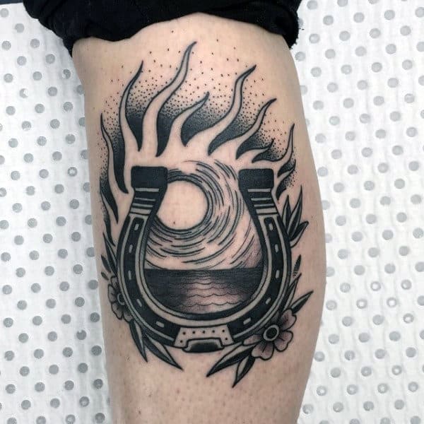 Cool Ocean Flames Horseshoe Mens Leg Calf Tattoos