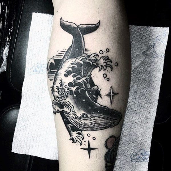 Cool Ocean Water Waves Splashing Whale Guys Leg Tattoos