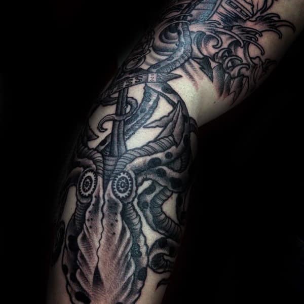 Cool Ocean Waves With Anchor Male Kraken Arm Tatto